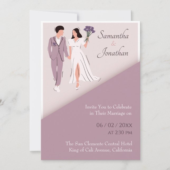 Cartoon Couple in Purple Modern Wedding Invitation (Front)