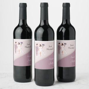 Cartoon Couple in Purple Wedding Wine Label