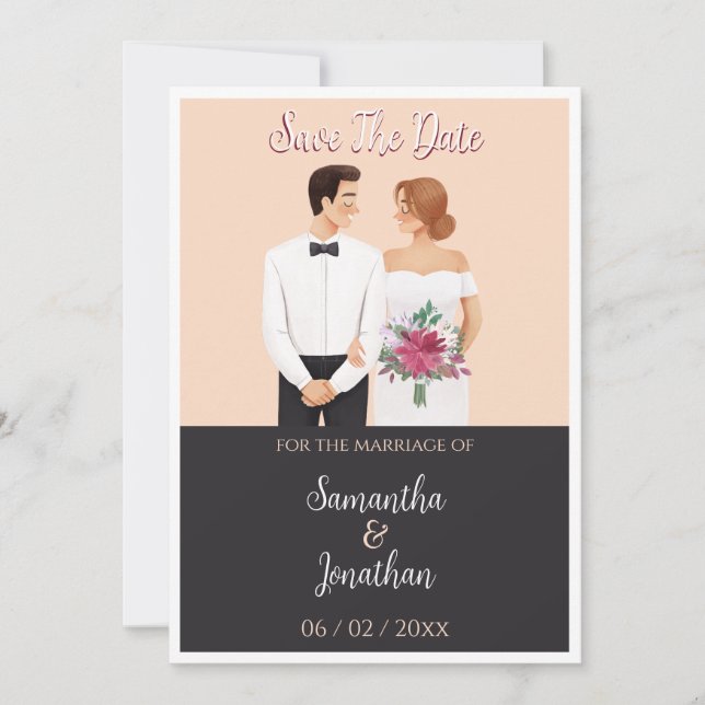 Cartoon Couple Modern Wedding Save The Date Invitation (Front)
