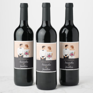 Cartoon Couple Modern Wedding Wine Label