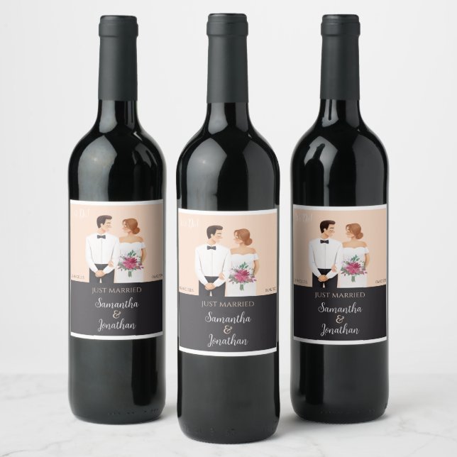 Cartoon Couple Modern Wedding Wine Label (Bottles)