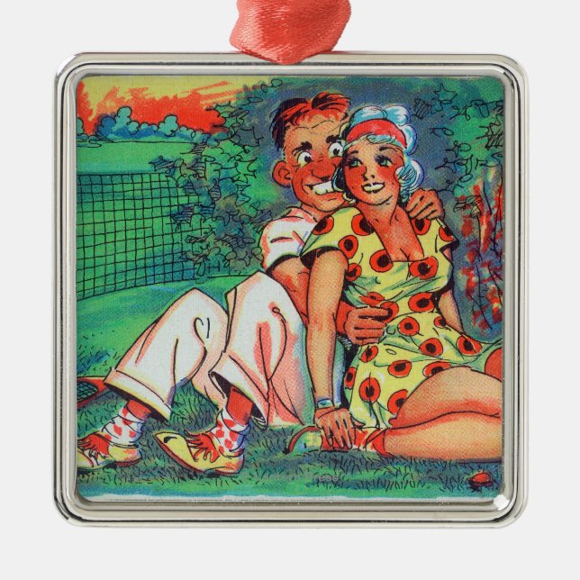 Cartoon Couple with Tennis Gear Metal Tree Decoration (Front)