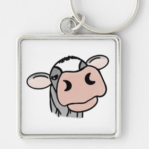 cartoon cow black white pink kiss grey farm animal key ring