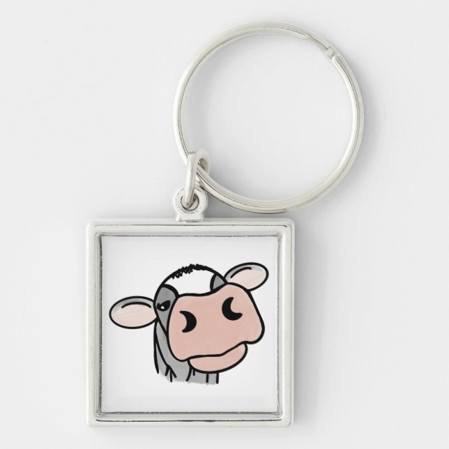 cartoon cow black white pink kiss grey farm animal key ring (Front)