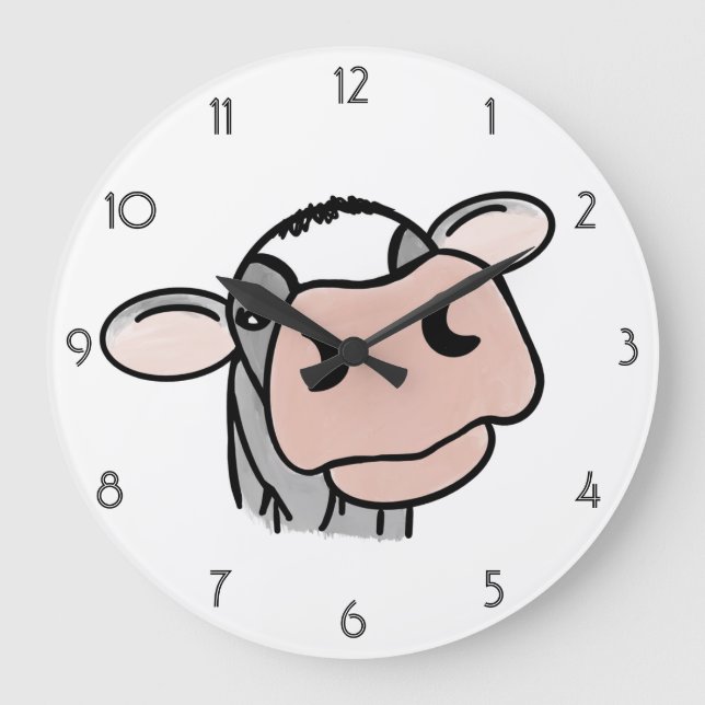 cartoon cow black white pink kiss grey farm animal large clock (Front)