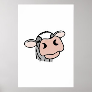 cartoon cow black white pink kiss grey farm animal poster