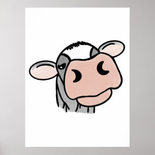cartoon cow black white pink kiss grey farm animal poster