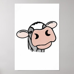 cartoon cow black white pink kiss grey farm animal poster