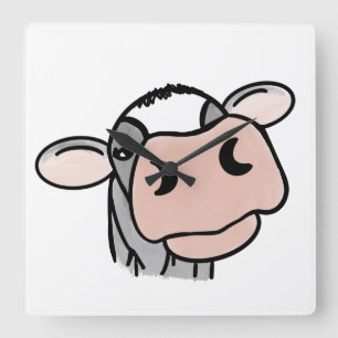 cartoon cow black white pink kiss grey farm animal square wall clock