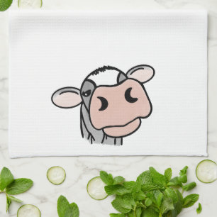 cartoon cow black white pink kiss grey farm animal tea towel