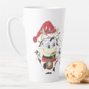 Cartoon Cow Hanging Christmas Lights Holiday Latte Mug