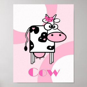 Cartoon cow illustration with hearts and circles poster