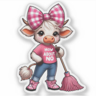 Cartoon Cow in Pink Outfit with Gingham Bow
