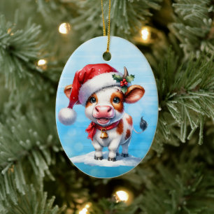 Cartoon Cow in Santa Hat Personalised Christmas Ceramic Ornament