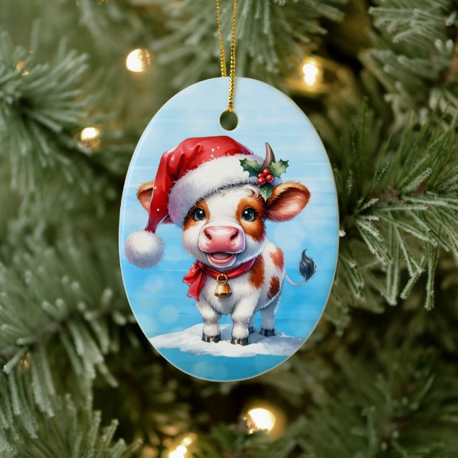 Cartoon Cow in Santa Hat Personalised Christmas Ceramic Ornament (Tree)