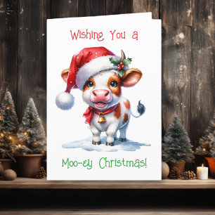 Cartoon Cow in Santa Hat Personalised Christmas Holiday Card