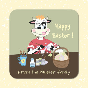 Cartoon cow painting Easter eggs envelope seals