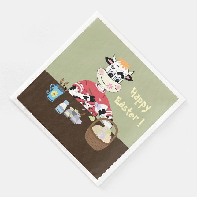 Cartoon cow painting eggs Easter paper napkins (Corner)