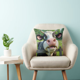 Cartoon Cow Peering Over a Fence Cushion