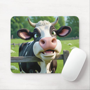 Cartoon Cow Peering Over a Fence Mouse Pad