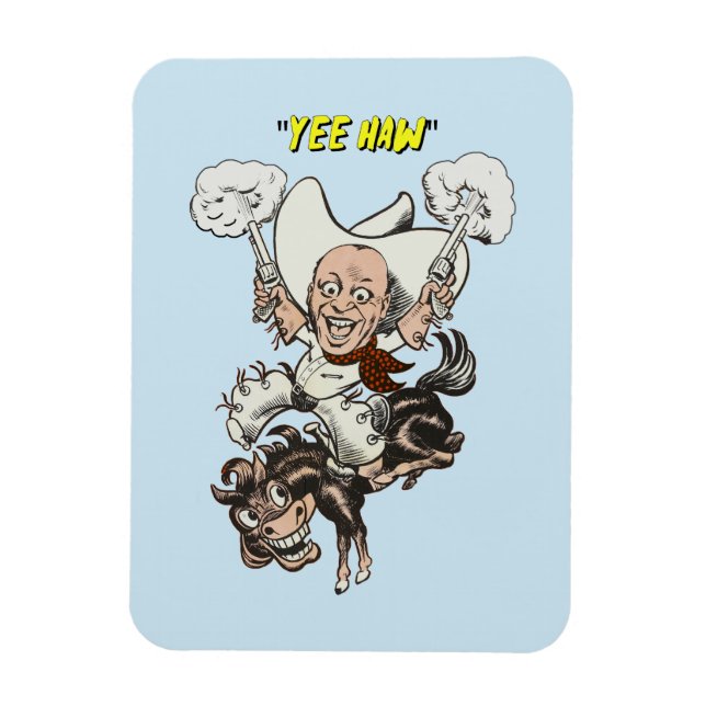 Cartoon cowboy shooting pistols riding horse art   magnet (Vertical)