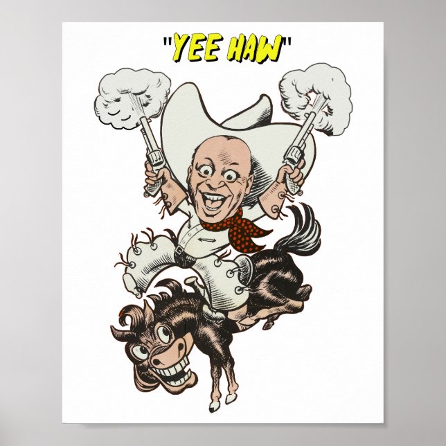 Cartoon cowboy shooting pistols riding horse art poster (Front)