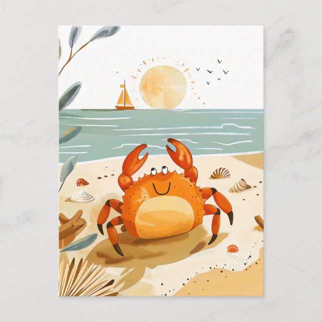 Cartoon Crab on Beach with Boat in background Postcard (Front)