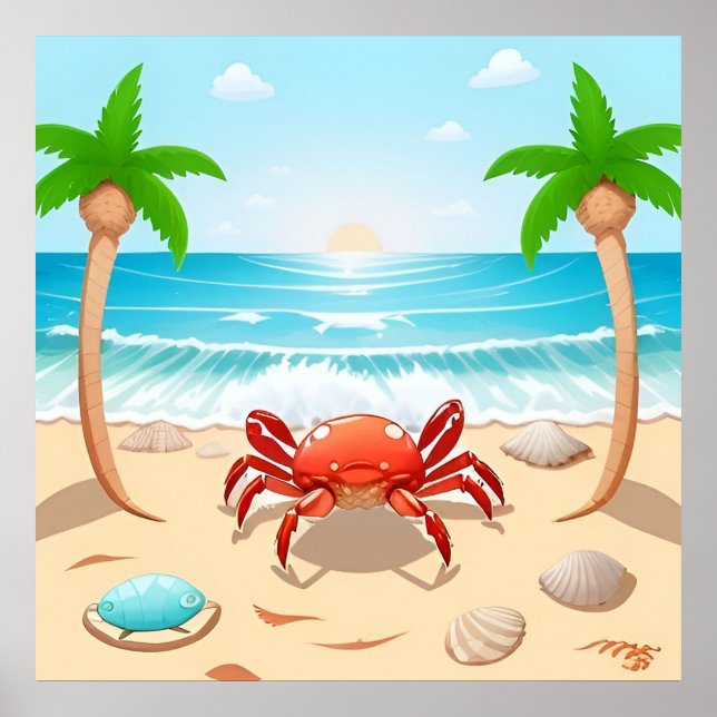 Cartoon Crab, Palm Trees, and Seashells🦀Cute Poster (Front)