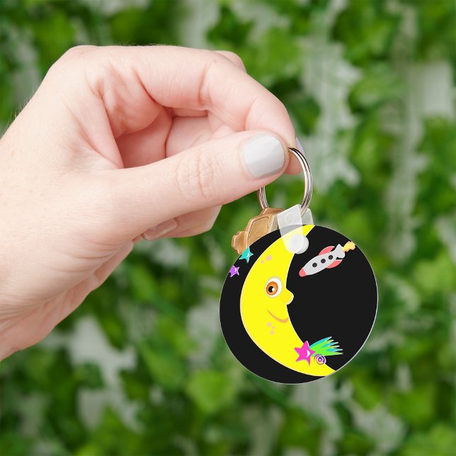 Cartoon Crescent Moon and Space Rocket Key Ring (Creator Uploaded)