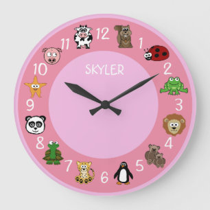Cartoon Critters w/ Name Template Pink Large Clock