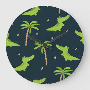 Cartoon Crocodiles: Alligator Palms Pattern. Large Clock