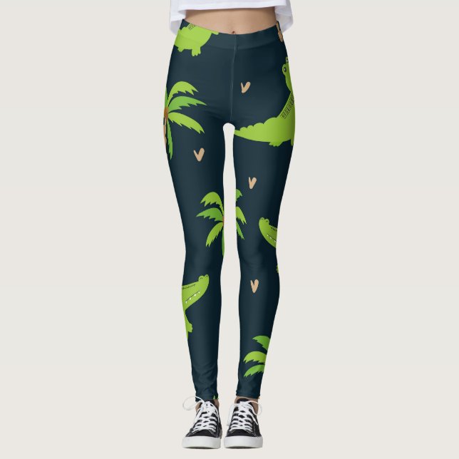 Cartoon Crocodiles: Alligator Palms Pattern. Leggings (Front)
