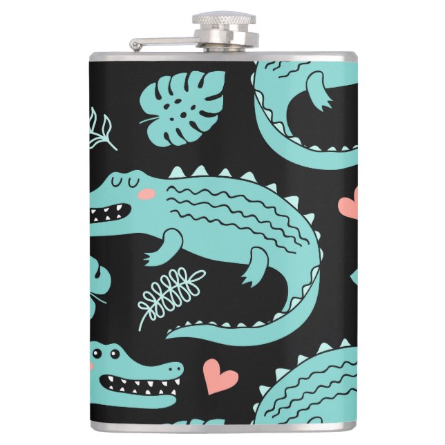 Cartoon crocodiles, cute seamless pattern. hip flask (Front)