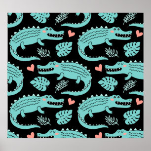 Cartoon crocodiles, cute seamless pattern. poster