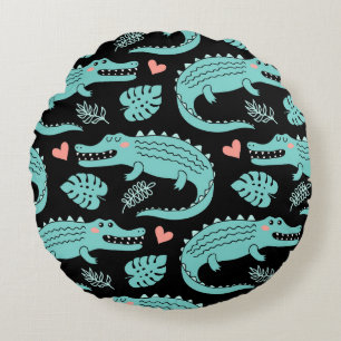 Cartoon crocodiles, cute seamless pattern. round cushion