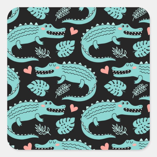 Cartoon crocodiles, cute seamless pattern. square sticker (Front)