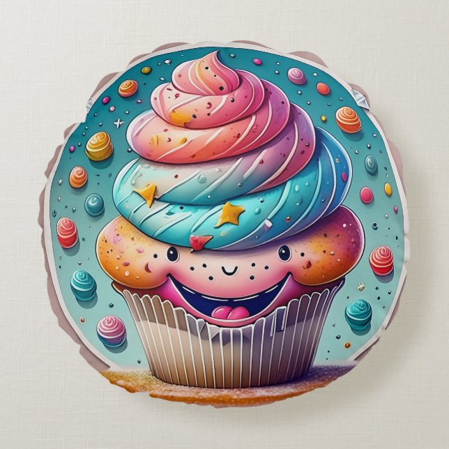 Cartoon Cupcake Round Pillow – Whimsical and Fun  (Front)