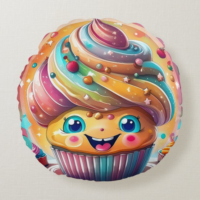 Cartoon Cupcake Round Pillow – Whimsical and Fun  (Front)