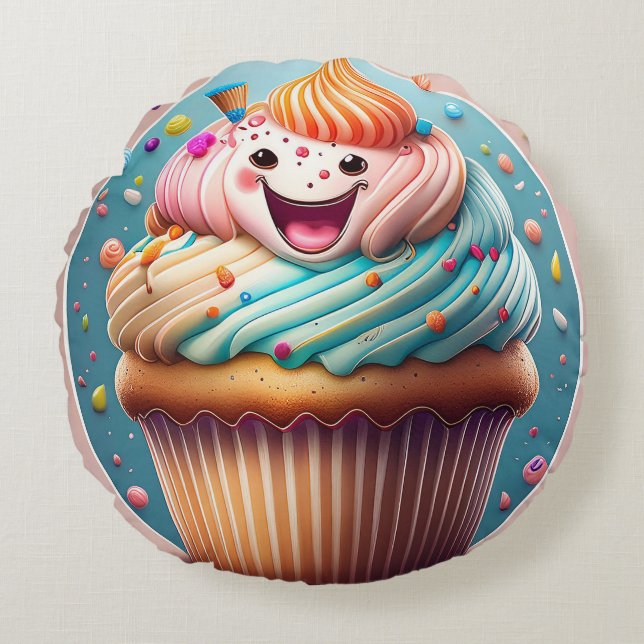 Cartoon Cupcake Round Pillow – Whimsical and Fun  (Front)