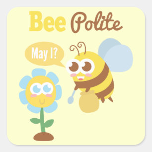Cartoon: Cute bee collecting nectar from flower Square Sticker
