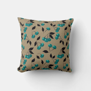 Cartoon cute blue cherry berry black leaves beige cushion