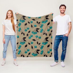 Cartoon cute blue cherry berry black leaves beige fleece blanket