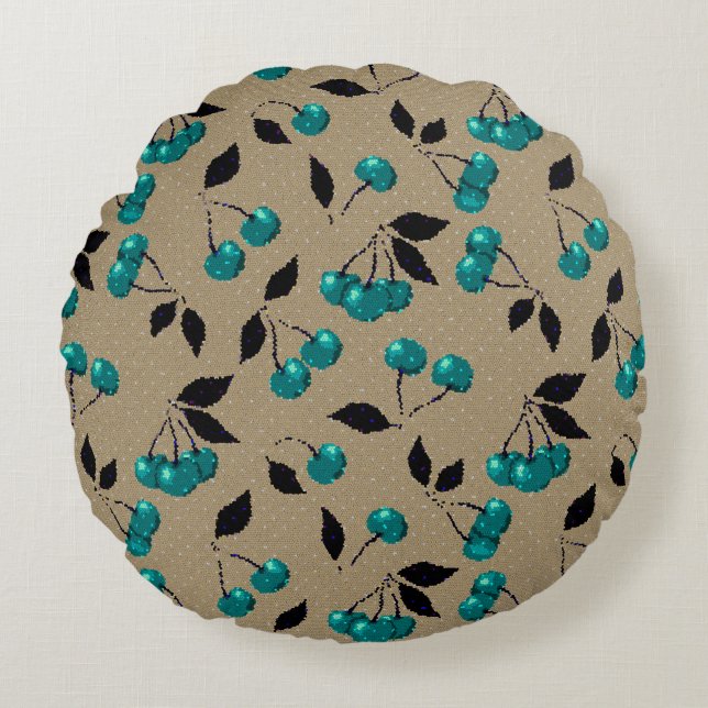 Cartoon cute blue cherry berry black leaves beige round cushion (Front)