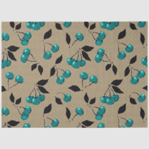 Cartoon cute blue cherry berry black leaves beige tissue paper