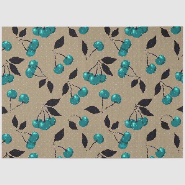 Cartoon cute blue cherry berry black leaves beige tissue paper (Front)