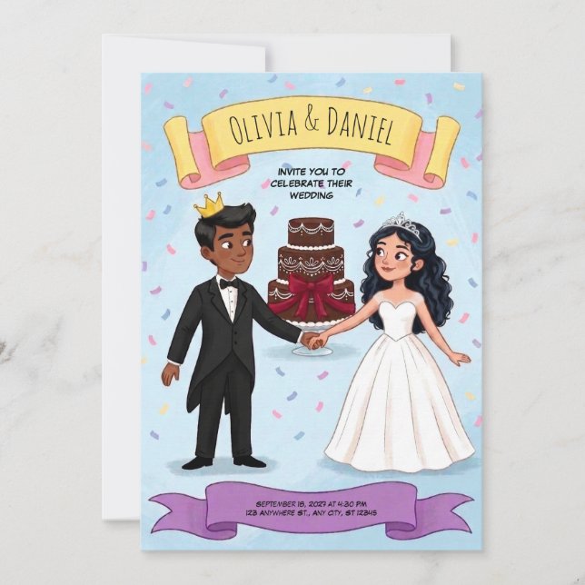 Cartoon Cute Couple Wedding Invitation (Front)