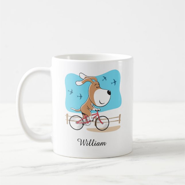 Cartoon Cute Dog Puppy Biking Riding Bicycle Coffee Mug (Left)