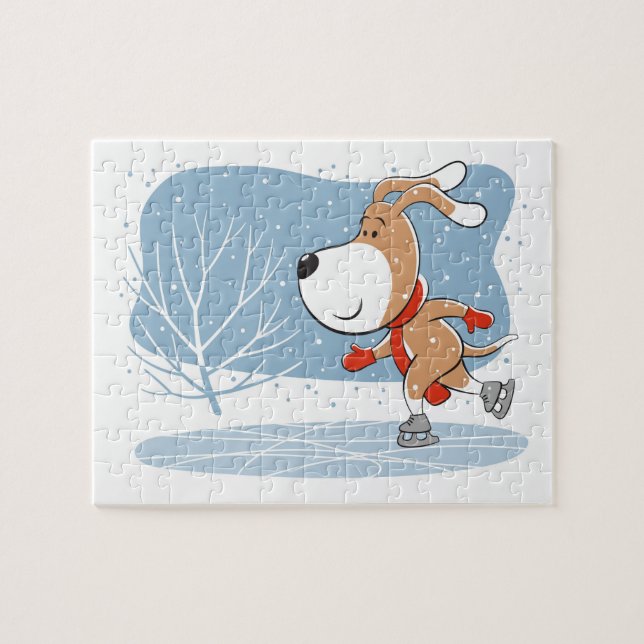 Cartoon Cute Dog Puppy Ice Skating Winter Snow Jigsaw Puzzle (Horizontal)