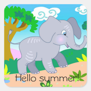 Cartoon  cute elephant in summer in nature square sticker