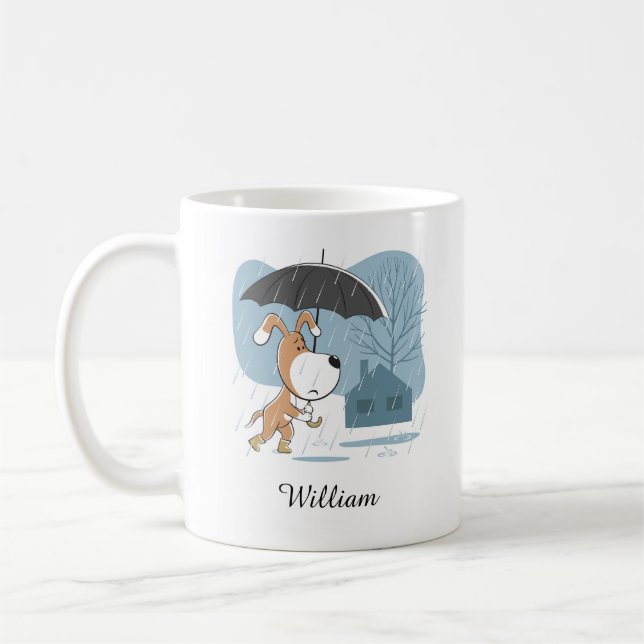 Cartoon Cute Funny Dog Puppy Walking Rain Umbrella Coffee Mug (Left)